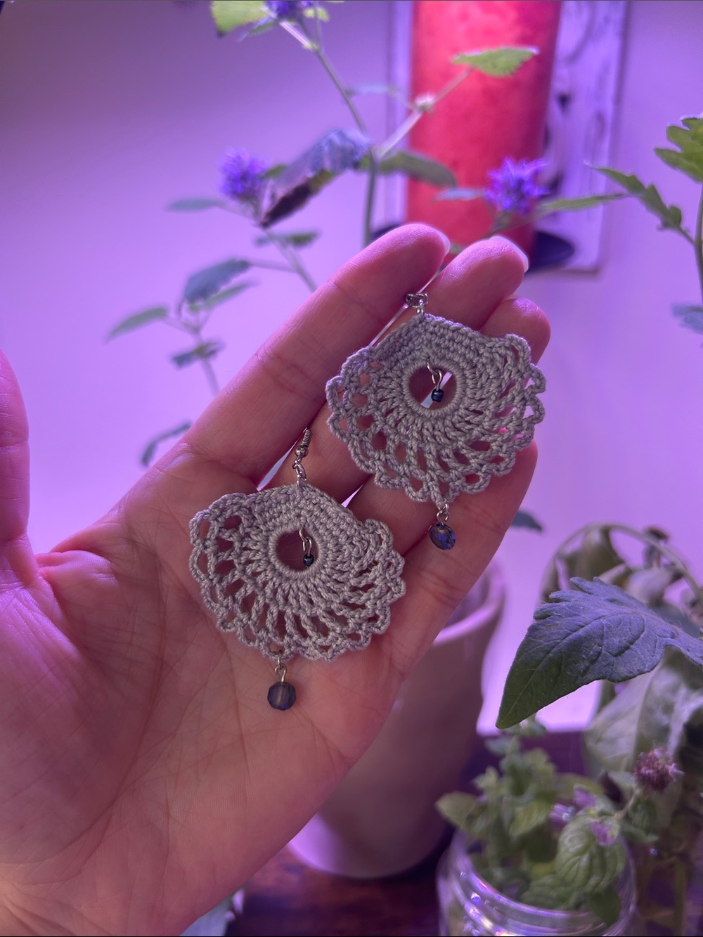 Hand Crafted Light Gray Crochet Fan Drop Earrings with Bead Accent